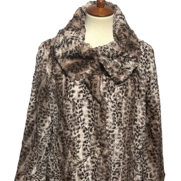 Faux Fur Leopard Print 3/4 Sleeve Jacket Snap Front Coat Collar - Picture 3 of 11